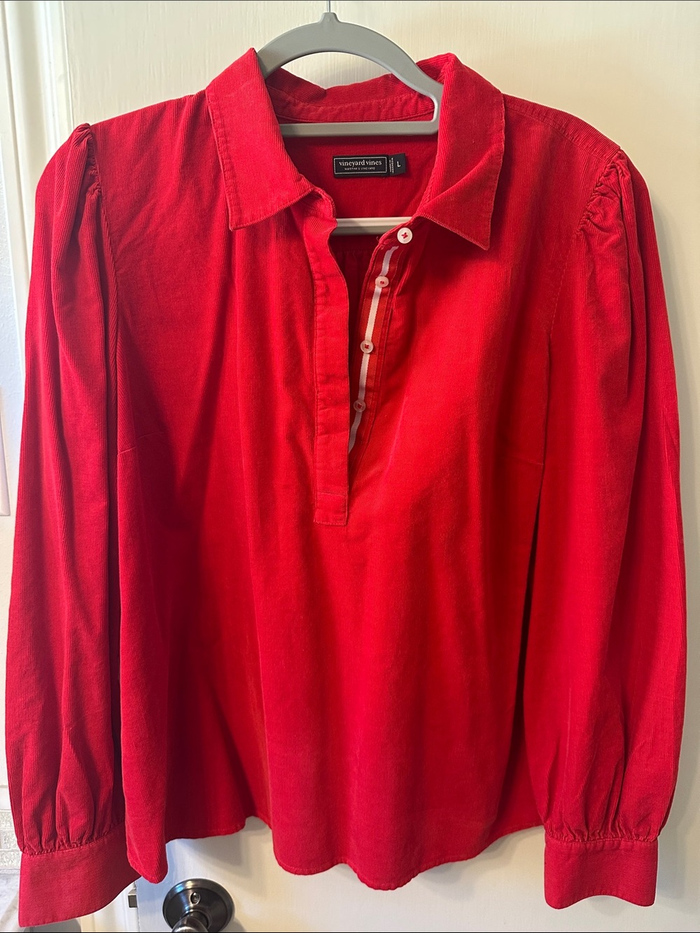 Vineyard Vines Ladies Red Long-Sleeve Button Stripe Placket Corduroy Shirt